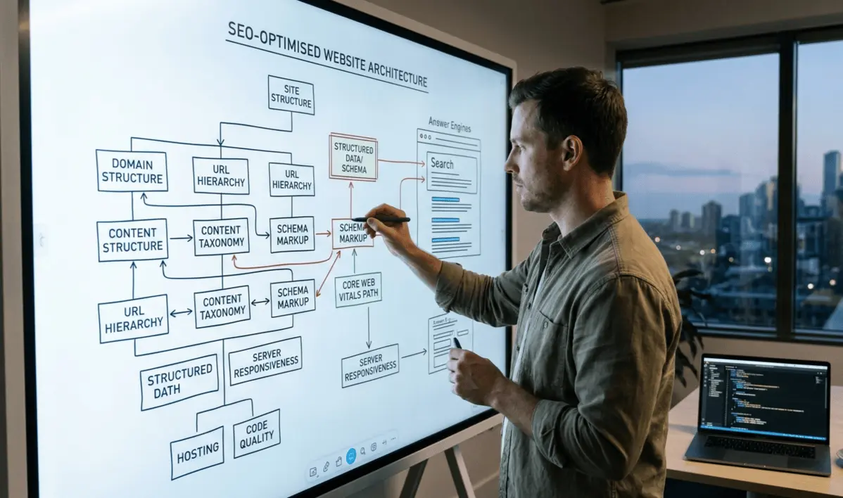 A web developer planning an SEO-optimized website architecture blueprint on a large digital whiteboard in a modern office at dusk