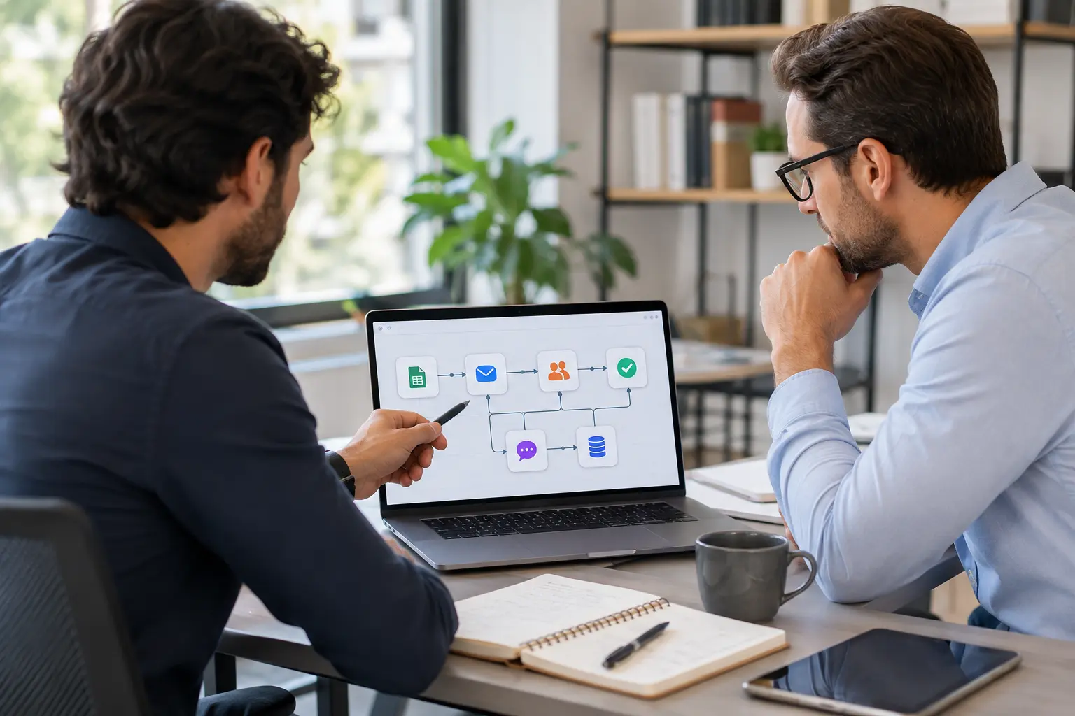 Business owner and AI automation consultant reviewing a workflow diagram during a consultation