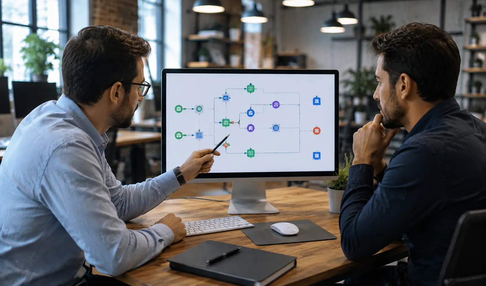 Consultant and engineer reviewing a business automation services workflow diagram on a monitor