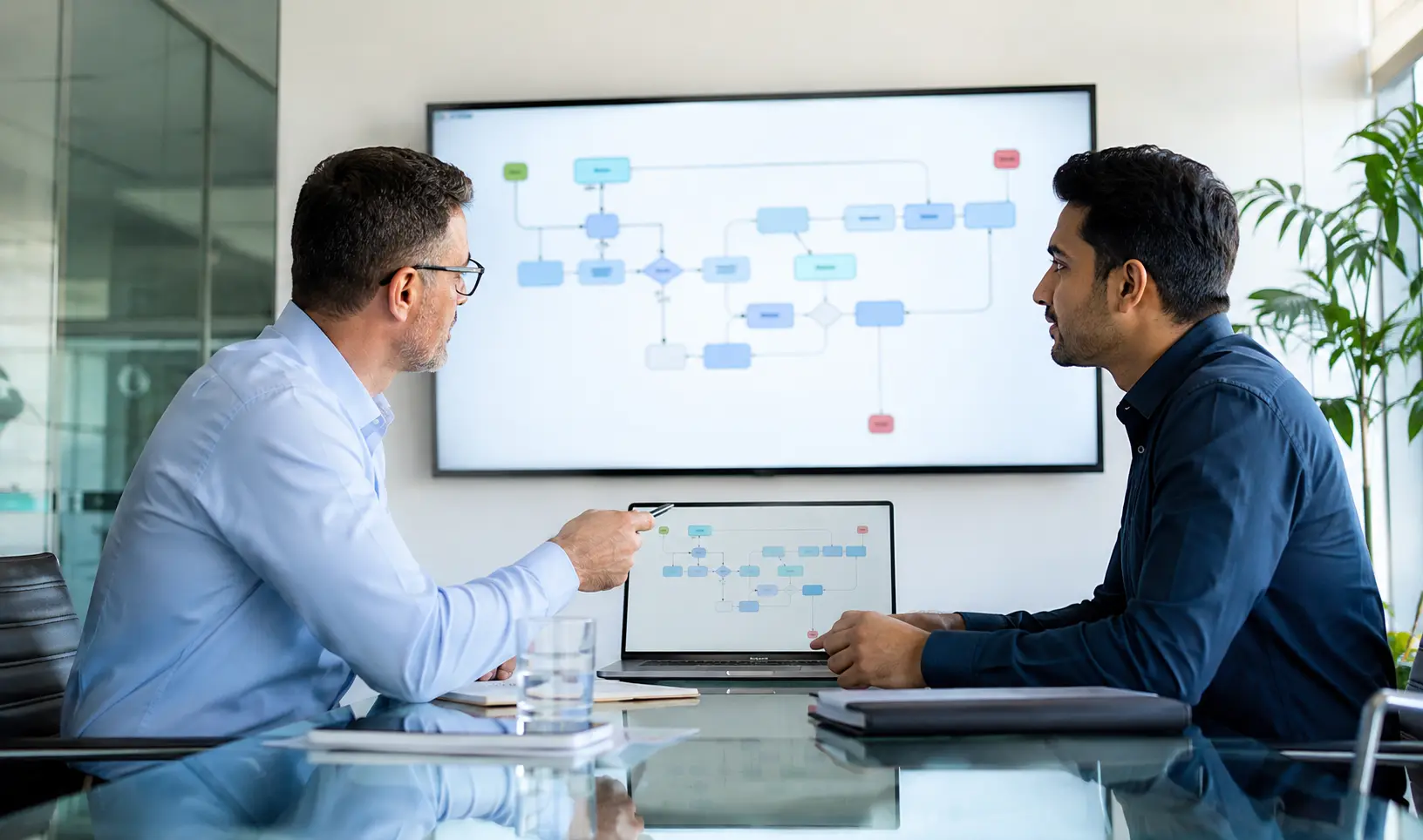 Consultant and business owner reviewing a business process automation consulting workflow diagram on a laptop