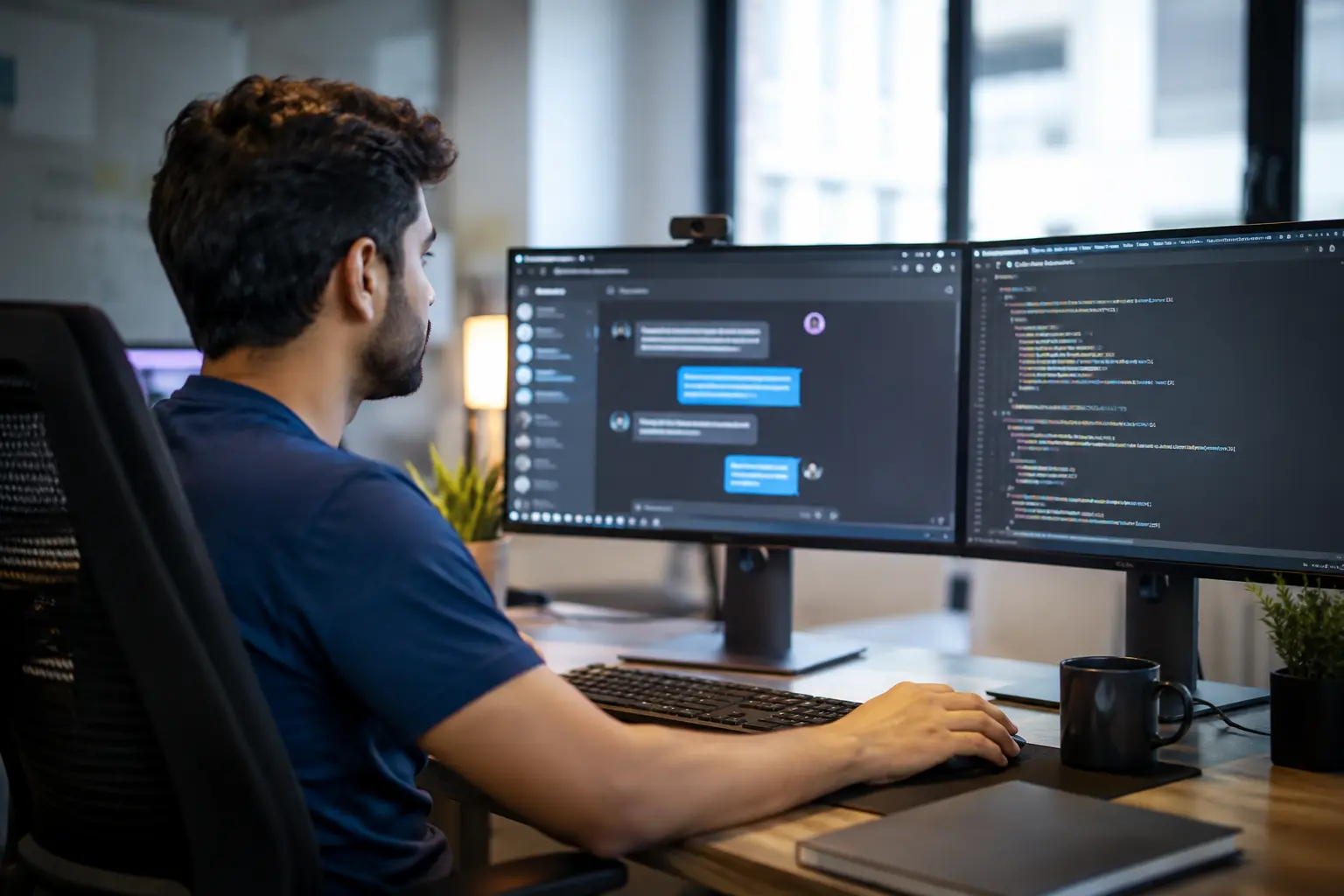Developer building custom AI chatbot development services on a dual monitor workstation