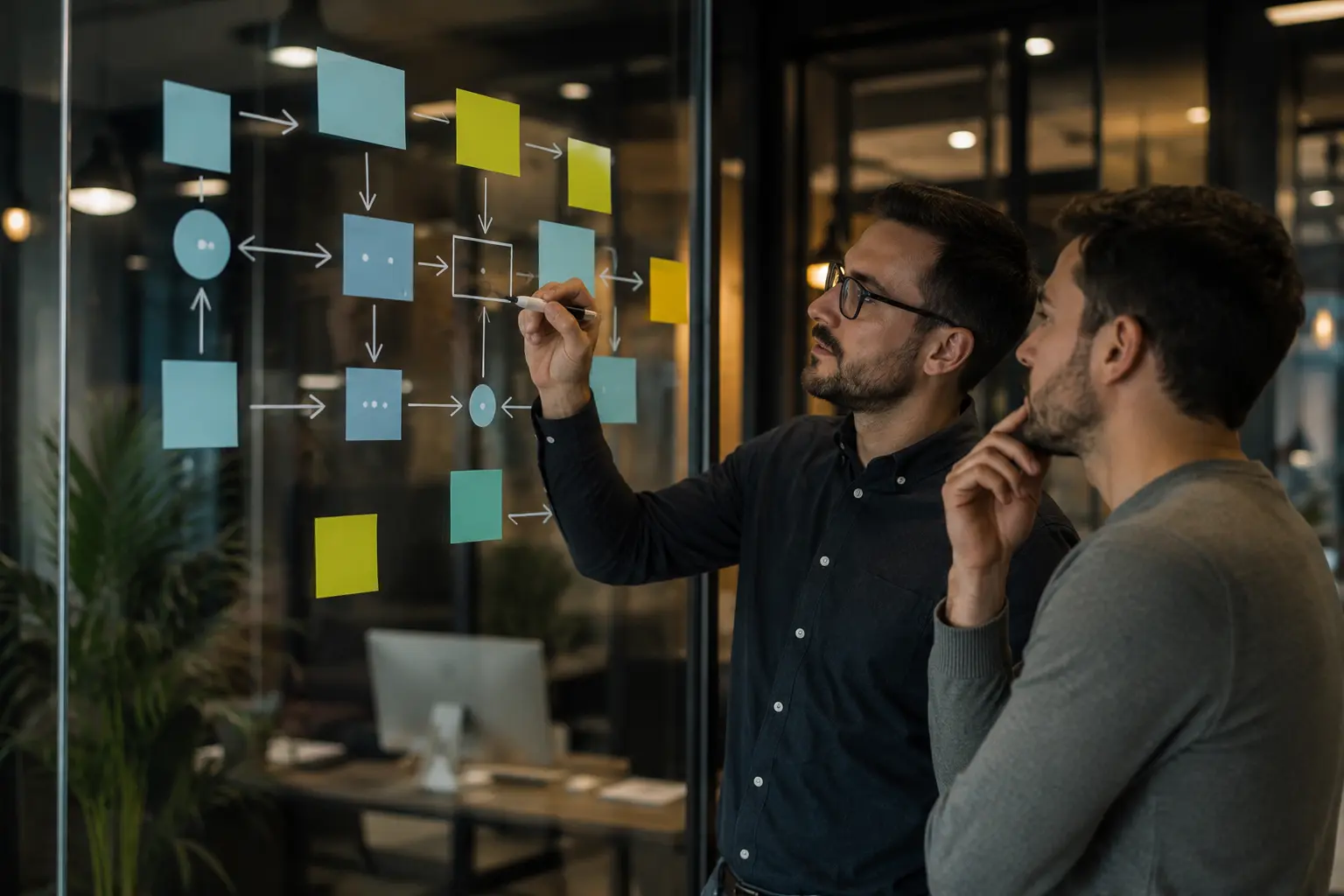 Consultant and client reviewing intelligent automation consulting services workflow on a laptop