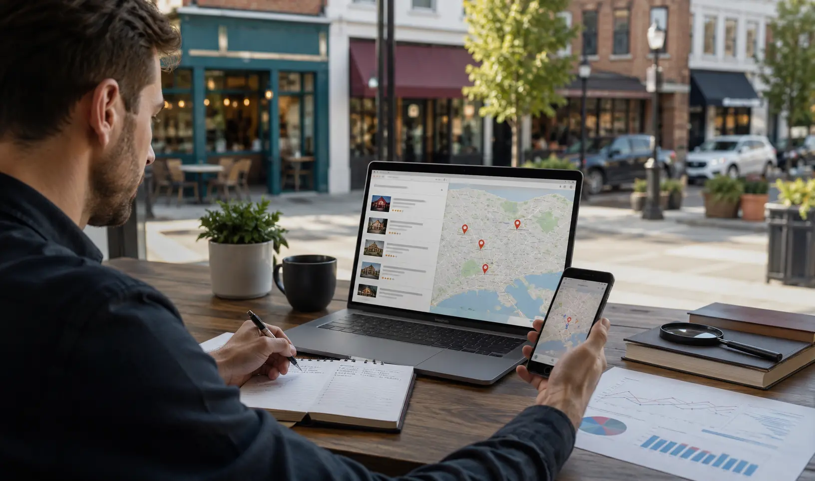 Local keyword research process showing a map pin and search bar representing local SEO strategy