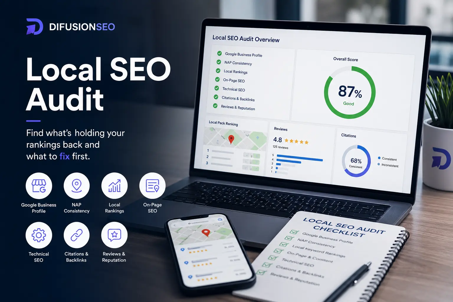 Business owner reviewing a local SEO audit checklist on a laptop showing Google Business Profile data