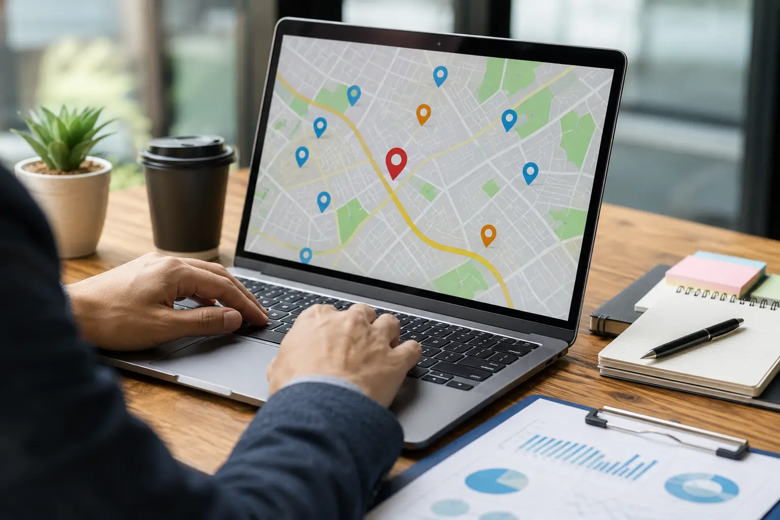 Local SEO checklist concept showing map pin locations on laptop screen with business analytics
