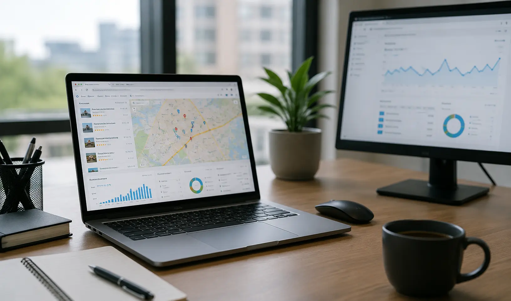 Split dashboard view comparing local seo vs national seo performance data on office monitors